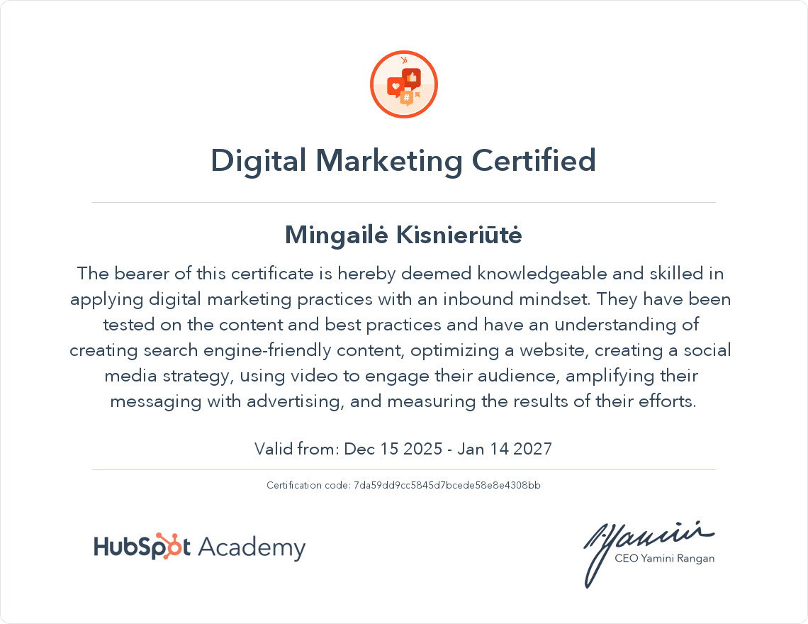 Mingaile Kisnieriute digital marketing certification